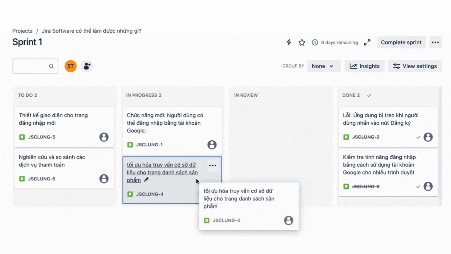 kéo thả issue trong Jira Software